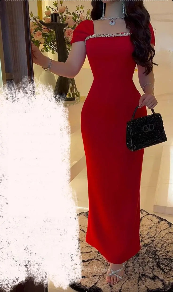 Vestido largo formal rojo con cuentas y sin mangas para dama de honor, vestido de noche, vestido de fiesta